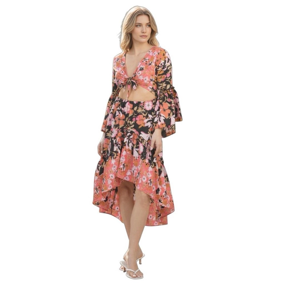 NEW RAGA Vera Floral Boho High Low Flowy Maxi Dress Tie Front Cottagecore Size S